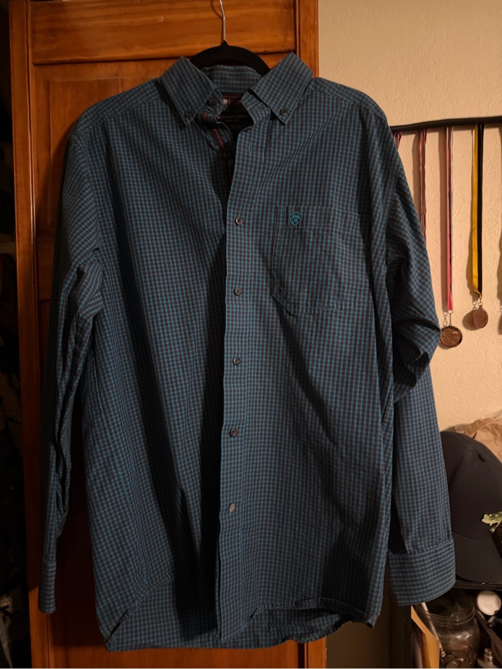 Ariat Men's Teal and Black Plaid Button-Down Shirt